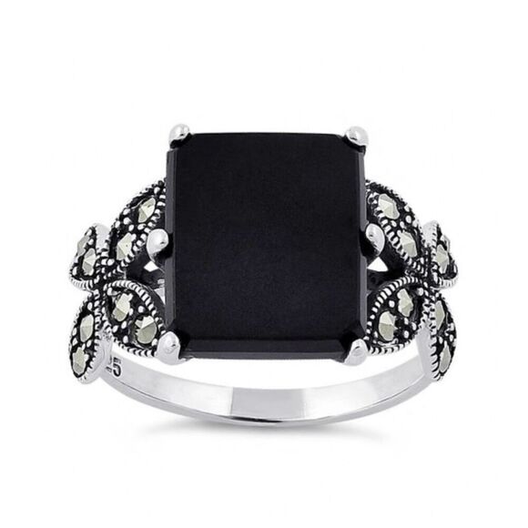 Sterling Silver Black Onyx Square Butterfly Marcasite Ring New - Picture 2 of 4